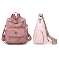 Detail of pink PU leather backpack and chest bag with stylish geometric pattern strap - Pink