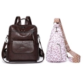 Brown faux leather backpack with pink leopard print chest bag on white background - Coffee
