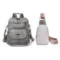 Vintage gray PU leather backpack set with large capacity and matching chest bag - Gray