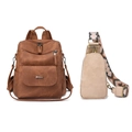 Vintage brown PU leather backpack and beige chest bag set with bohemian woven strap - Caramel color