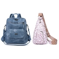 Blue casual backpack paired with a leopard print chest bag featuring an ethnic wide strap - Blue