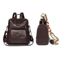 Vintage dark brown PU leather backpack set with matching chest bag and woven strap - Coffee