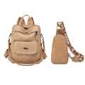 Detail of khaki vintage PU leather backpack set with ethnic geometric crossbody strap - Khaki