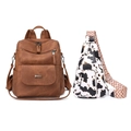 Brown vintage PU leather backpack set with animal print crossbody chest bag - Caramel color
