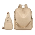 Elegante zaino porta PC beige in pelle PU con borsa a tracolla coordinata in set - Bianco Sporco