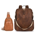 Brown PU leather backpack and crossbody bag set with decorative striped shoulder straps - Two-tone Brown Coarse Grain