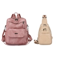 Pink PU leather backpack and beige crossbody bag with colorful ethnic style strap - Pink