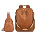 Set zaino in pelle PU marrone e mini borsa a tracolla coordinata con cinturino decorato - Marrone Giallastro