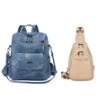 Blue PU leather backpack and beige chest bag with vintage patterned shoulder strap set - Blue