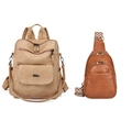 Detail view of khaki PU leather backpack and brown chest bag with embroidered strap - Khaki