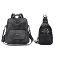 Vintage black PU leather backpack and matching chest bag set with patterned strap - Black