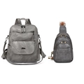 Gray vintage PU leather multi-pocket backpack set with matching crossbody bag and woven strap - Gray