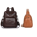 Vintage PU leather backpack and chest bag set with ethnic pattern strap on white background - Coffee
