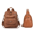 Retro brown PU leather backpack and matching chest bag set with woven shoulder strap - Caramel color