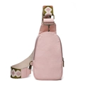 Pink faux leather chest bag with a wide geometric patterned shoulder strap on white background - Macaron Pink