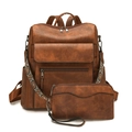 Retro brown PU leather backpack and wristlet set with colorful ethnic print shoulder strap - Two-tone Brown Coarse Grain