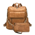 Brown faux leather backpack set with bohemian straps and matching wristlet bag - Apricot
