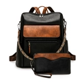 Vintage black and brown leather backpack set with ethnic woven strap and small pouch - Black and Brown