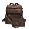 Vintage dark brown faux leather backpack and clutch set with ethnic embroidery strap - Textured Coffee