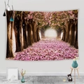 Detail view of Japanese cherry blossom wall tapestry in a cozy home interior setting - 95x73cm / Pink Forest Path (Style 2)