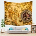 Detail view of vintage world map tapestry with compass and nautical chart on a wall - 95x73cm (Brushed) / Style 2