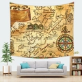 Detail of vintage nautical map tapestry with compass and ship above a grey sofa - 95x73cm (Brushed) / Style 3