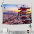 Detail view of Fuji mountain tapestry with cherry blossoms and pagoda in a cozy room - Mt Fuji and Sunset Sakura (Style 5)