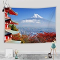 Detail of Fuji mountain and red pagoda tapestry hanging in a cozy home decor setting - Snowy Mt Fuji and Red Tower (Style 8)