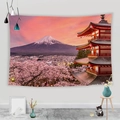 Japanese Mount Fuji tapestry with cherry blossoms and pagoda in sunset pink - Mt Fuji Pagoda Pink Purple Tone (Style 9)