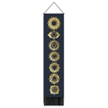 Detailed view of bohemian blue chakra tapestry with golden geometric icons and black tassels - Dark Blue Base Golden Chakra Style (Style 5)