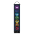 Vertical blue chakra wall tapestry with wood pole, colorful patterns and black tassels - Text Identified Colorful Chakra Style (Style 6)
