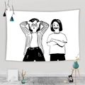 Minimalist black and white line art tapestry featuring whimsical girls for wall decor - 95x73cm / Humorous Girl Illustration