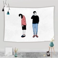 Minimalist wall tapestry showing cartoon couple illustration in cozy home interior - 95x73cm / Emotional Couple Illustration