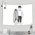 Detailed view of minimalist black and white line art tapestry in a modern bedroom setting - 95x73cm / Polka Dot Blanket Couple