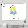 Detail of minimalist wall tapestry with cartoon couple illustration and soft home decor - 95x73cm / Avocado Vest Illustration
