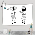 Detail of minimalist black and white wall tapestry showing personified sushi characters - 95x73cm / Sushi Head Illustration