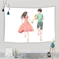 Detail of minimalist wall tapestry with romantic couple illustration on a grey wall - 95x73cm / Couple Walking Back View