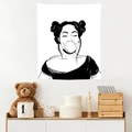 Detail of minimalist black and white wall tapestry with woman blowing bubble gum pop art - 95x73cm / Bubble Gum Girl