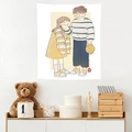 Detail of minimalist Japanese style tapestry featuring a cozy cartoon couple on a wall - 95x73cm / Striped Sweater Couple