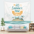 Detail of beach island tapestry with coconut trees and summer quote on living room wall - Enjoy It Summer (Style 11)