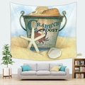 Detail of beach themed wall tapestry featuring a vintage crab bucket over a gray sofa - Crabby's Roost (Style 12)