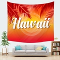 Detail of Hawaii beach sunset wall tapestry with palm leaves hanging above a sofa - Hawaii (Style 15)