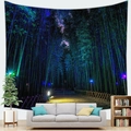 Detail of neon bamboo forest tapestry hanging on a modern living room wall over a sofa - 95x73cm / Neon Bamboo Forest Path Pattern (Style 8)
