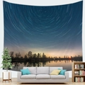 Detail of starry night galaxy tapestry with star trails and calm lake reflection - 95x73cm / Star Trails Lakeside Forest Pattern (Style 17)