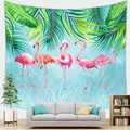 Nordic tropical tapestry with pink flamingos and green palm leaves on a light blue background - Tropical Five Flamingos(Style 5)