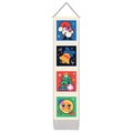 Close-up of Christmas tapestry with wood hanger, festive illustrations and silver tassels - 32.5x130cm / Colorful Holiday Symbols (Style 7)