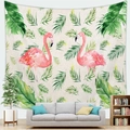 Detail of tropical flamingo wall tapestry above a grey sofa in a minimalist room - Watercolor Twin Flamingos(Style 7)