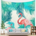 Tropical wall tapestry with pink flamingos and green palm leaves in a modern living room - Tropical Duo Flamingos(Style 8)