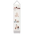 Detailed view of Christmas wall tapestry with wooden rod, tassels and festive illustrations - 32.5x130cm / Red House & Sleigh (Style 10)