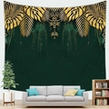 Detail of dark green tropical tapestry with gold palm leaves and tassels on white wall - Dark Green Gold Tropical(Style 15)